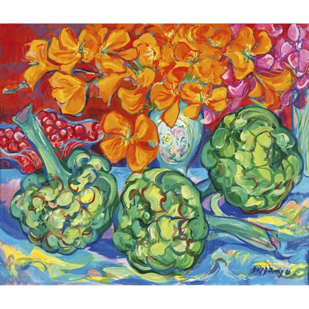 Stillleben mit Artischocken, Kirschen und Blumen in Vase