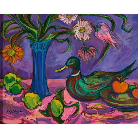 Stillleben mit Ente, Früchten und Blumenbouquet