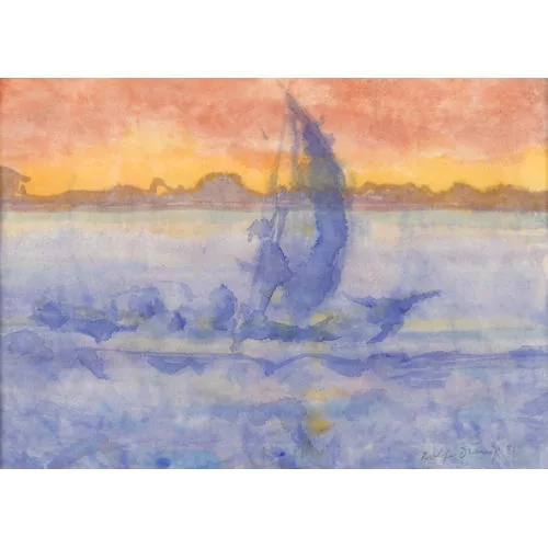 Rolf Dürig — See mit Schiff im Abendrot.