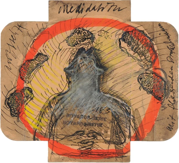 Rolf Iseli — 2 Werke aus "Boyards-Serie": Ohne Titel; Medidation mit fliegenden Strassschwüm, 1974