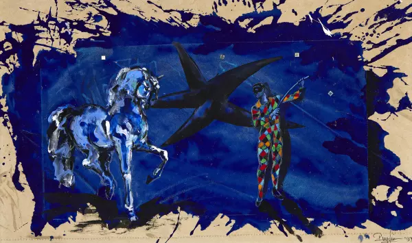 Harlekin in der Manege mit Pferd
