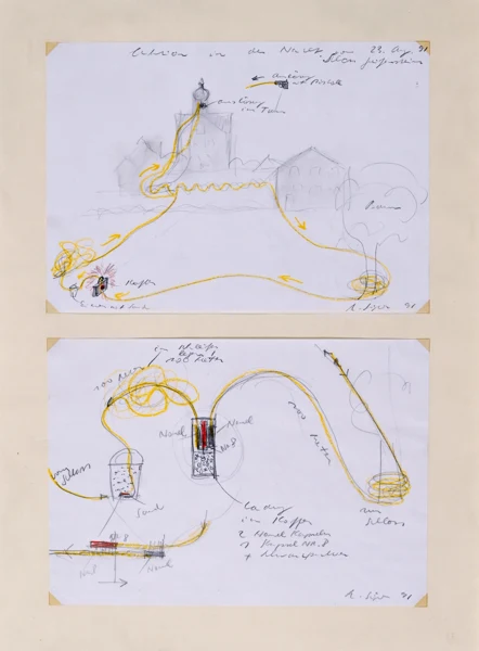Roman Signer — 2 Entwurfszeichnungen: Kofferexplosion, 1991