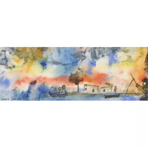 Romolo Esposito — Flusslandschaft mit Angler und Ruderbooten.