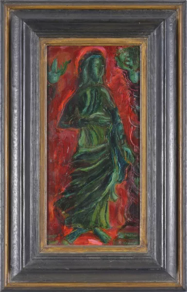 Rosemonde Krbec — Personnage en vert sur fond rouge