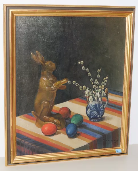 Rudolf Dürrwang — Stillleben mit Schokoladenosterhase, gefärbten Eiern und einem Krug mit Weidenkätzchen und Schneeglöckchen, 1928