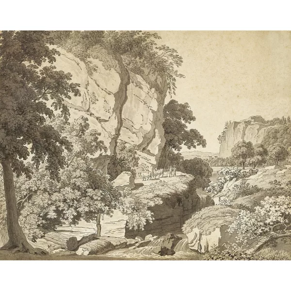 Rudolf Follenweider — Felsige Landschaft mit Bauernpaar und Vieh.