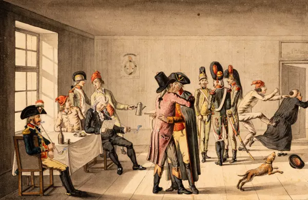 Wirtshausinterieur mit Soldaten und einem Geistlichen. 1794