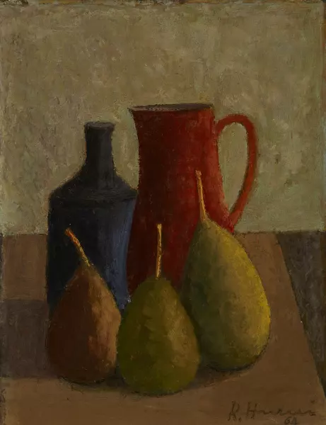 Stillleben mit Birnen, Krug und Flasche