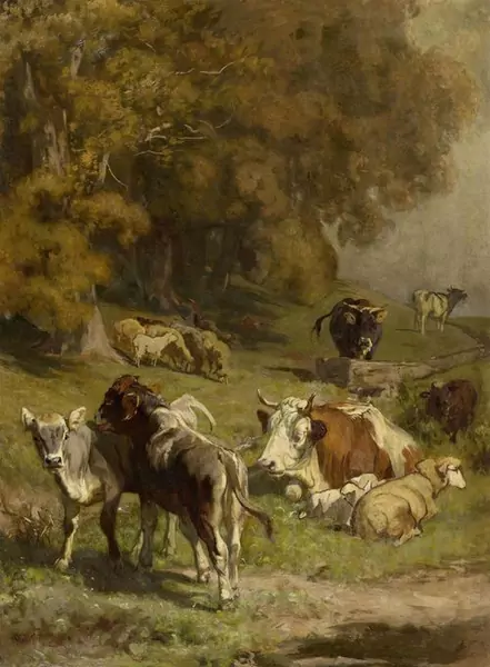 RUDOLF KOLLER — Kuh- und Schafherde am Waldrand. — Koller Auktionen