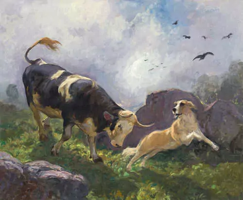 RUDOLF KOLLER — A cow and dog in the mountains. — Koller Auktionen