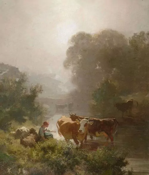 RUDOLF KOLLER — Landschaft mit Kühen und einer Magd am Fluss. 1856. — Koller Auktionen