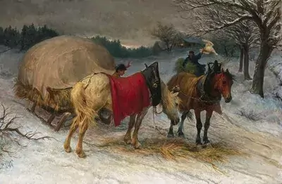 Rudolf Koller — (Zürich 1828 - 1905 Zürich) Werkstatt "Schimmel und Brauner vor Zeltschlitten in verschneiter Landschaft mit abgelegenem Bauerngehöft". 1891. Öl auf Leinwand. Unten links bezeichnet "RK(ligiert)oller/1891". 109,5x167,5 cm. Gerahmt. — Schuler Auktionen