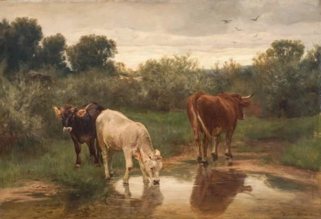 Zwei Rinder und Kuh am Teichrand, 1866