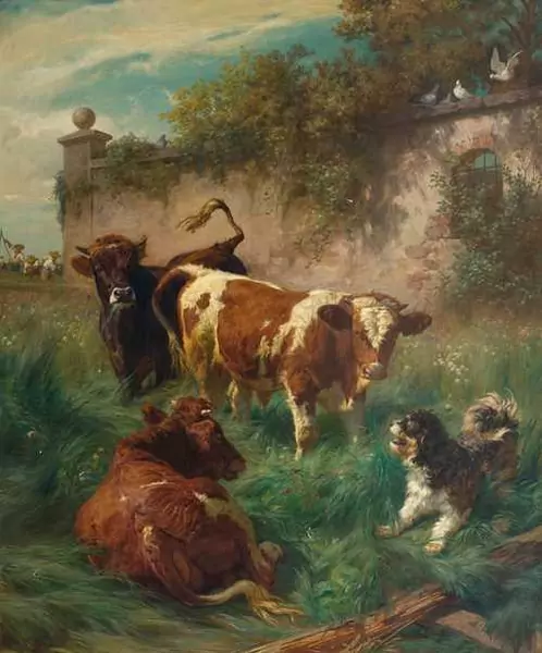 RUDOLF KOLLER — Cows and dog with peasants harvesting. 1864. — Koller Auktionen