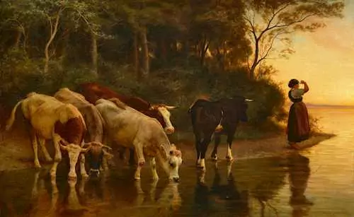 RUDOLF KOLLER — Watering trough by the lake at sunset. 1868. — Koller Auktionen