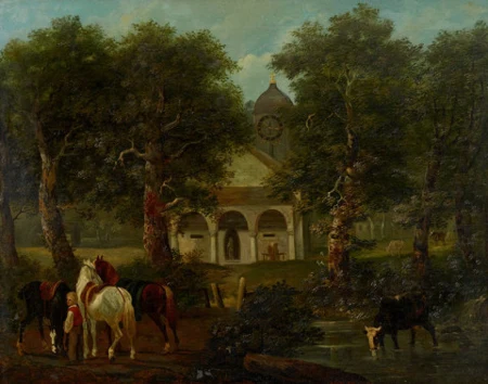 Landschaft mit Kirche und Kühen, 1844