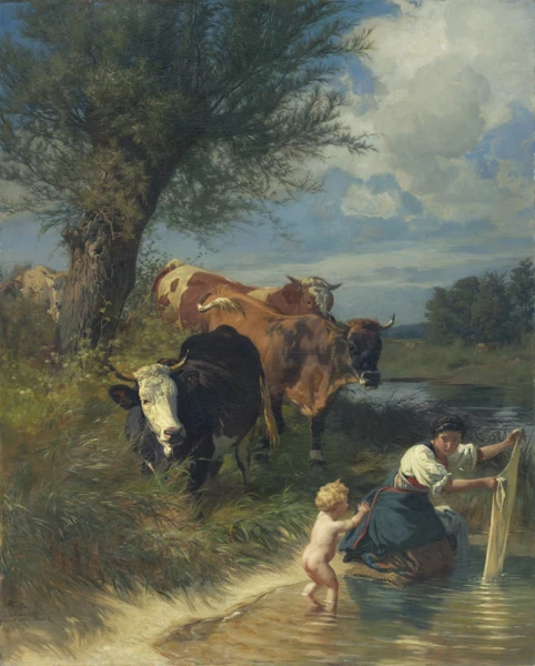 Rudolf Koller — KÜHE UND WÄSCHERIN AM BACHCOWS AND WASHERWOMAN NEAR A BROOK
