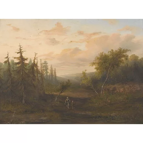 Rudolf Löw — Waldweg im Abendrot mit Bäuerin und Kind.