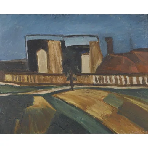 Rudolf Maeglin — Feldlandschaft mit Gasometer in Kleinhünigen.