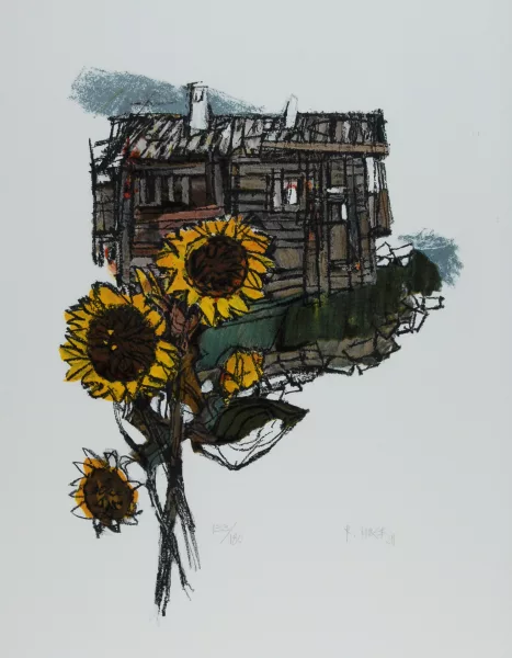 Rudolf Mirer — Sonnenblumen vor Hütte, 1991