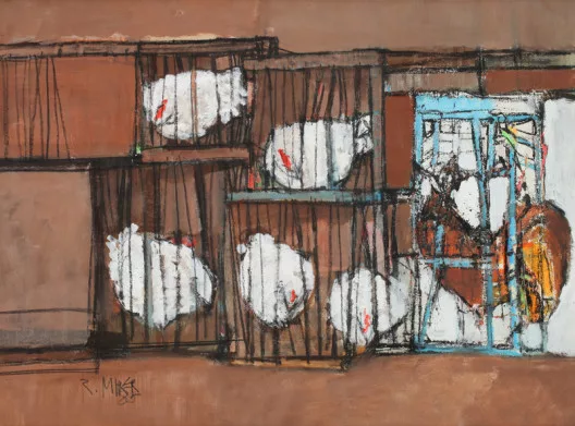 Rudolf Mirer — Hühnerstall mit Hahn, 1985