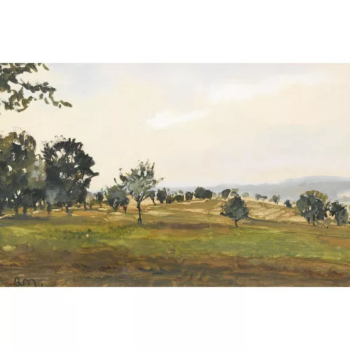 Rudolf Müller — Hügellandschaft mit Obstbäumen.