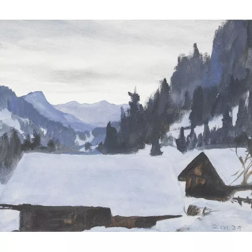 Rudolf Müller — Winterliche Gebirgslandschaft mit Chalets.