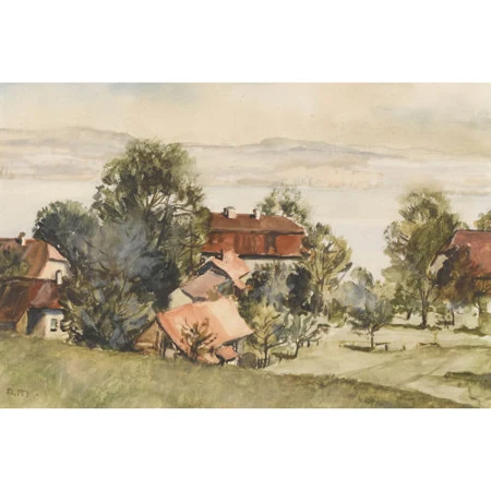 Seeuferlandschaft mit Bauernhäusern