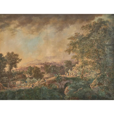 Mediterrane Landschaft mit Brücke und Staffage