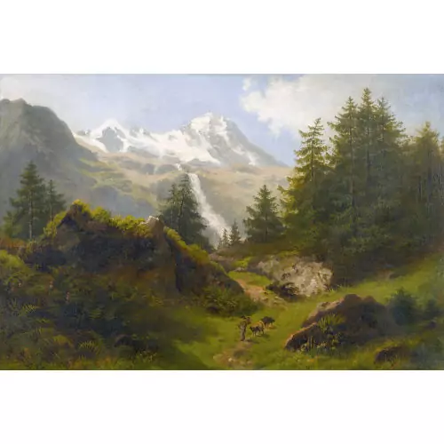 Gebirgslandschaft mit Hirte und Schafen