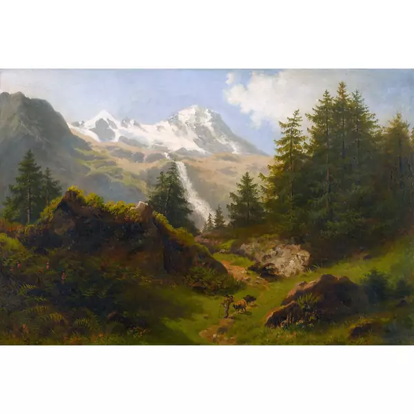 Gebirgslandschaft mit Hirte und Schafen