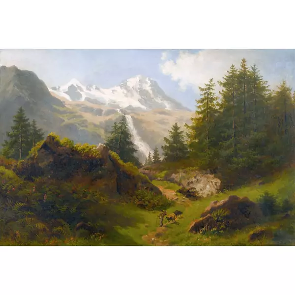 Gebirgslandschaft mit Hirte und Schafen