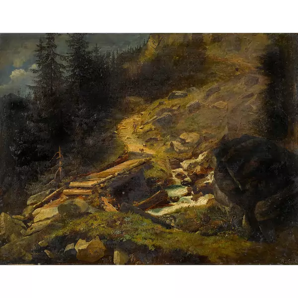 Gebirgsbach mit Brücke