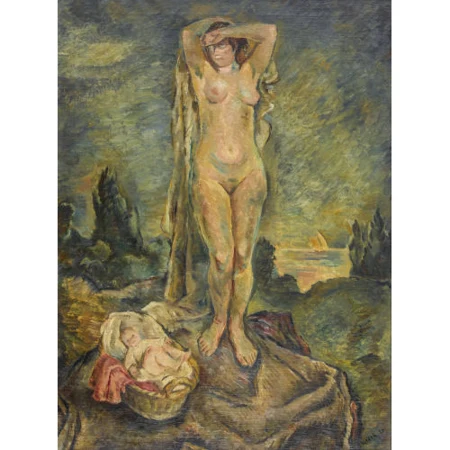 Weiblicher Akt mit Kind in Landschaft