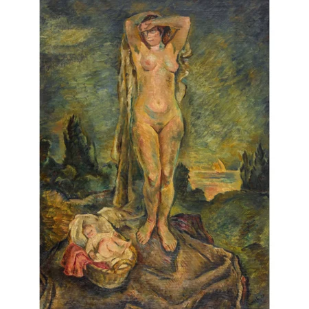 Weiblicher Akt mit Kind in Landschaft