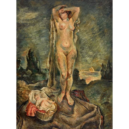 Landschaft mit weiblichem Akt und Säugling in Korb