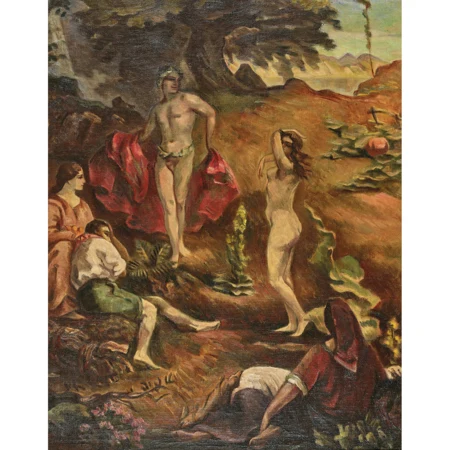 Landschaft mit unbekleidetem Tanzpaar und Zuschauern