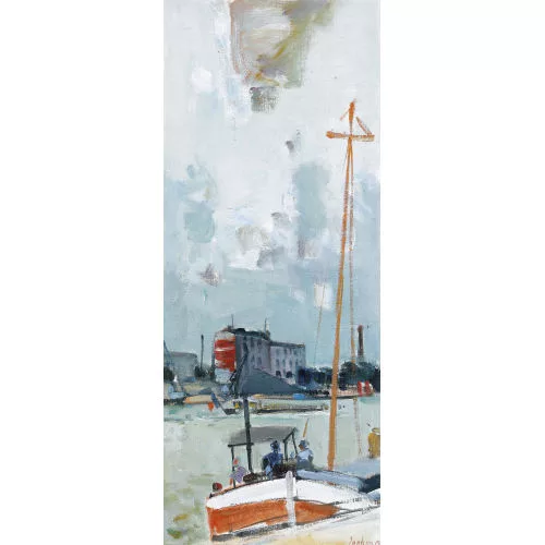 Rudolf Zender — Abendliche Flussuferpartie in einer Stadt.