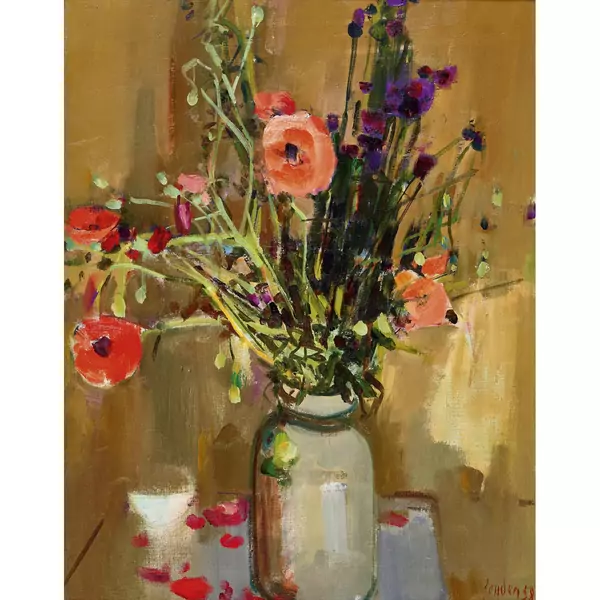 Stillleben mit Klatschmohn und Disteln in Topf