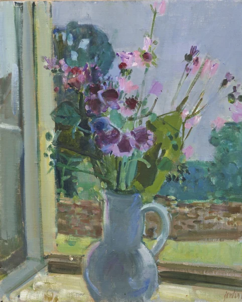 Rudolf Zender — Blumenstrauss in Vase vor offenem Fenster, 1962
