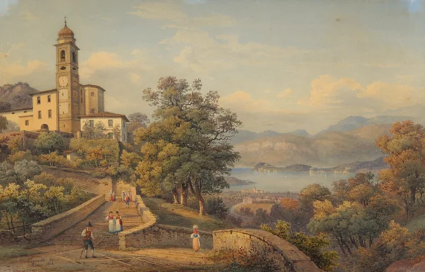 Salomon Corrodi — Comersee, Santuario della Beata Vergine del Soccorso, Ossuccio mit Blick auf Bellagio, 1842