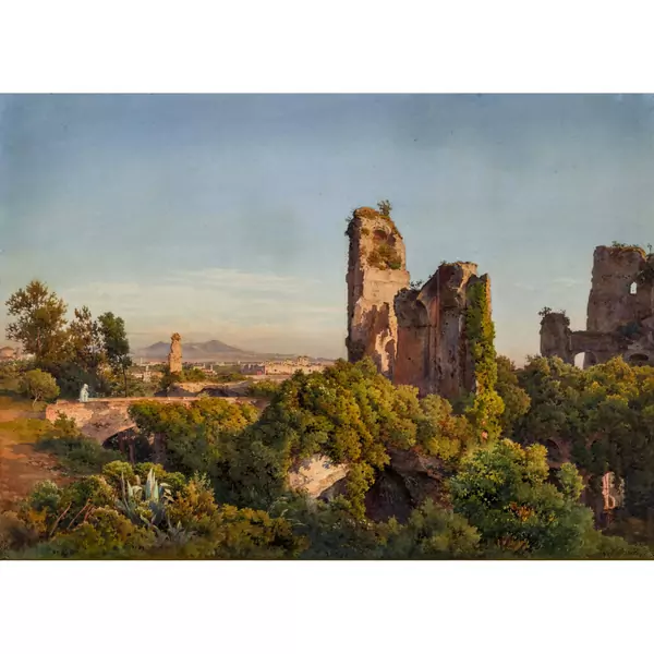 Blick vom Palatin mit den Ruinen der Kaiserpaläste auf die Ruinen der Caracalla-Thermen und den Monte Cavo