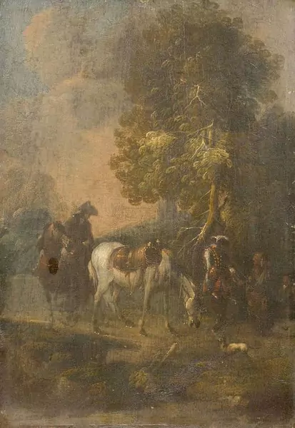 SALOMON LANDOLT — Reitergruppe in Landschaft. — Koller Auktionen