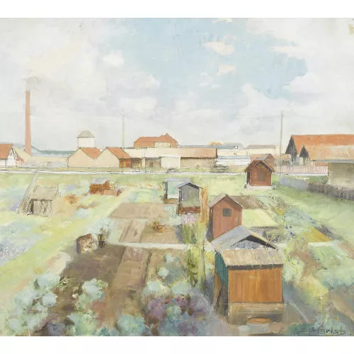 Salomon Sigrist — Sommeridyll mit Gemüsegärten in einer Industrielandschaft.