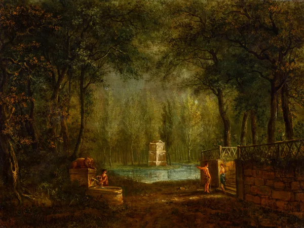 Salomon Gessner — Pastorale Waldlandschaft an Flusslauf mit Figuren und antikem Monument