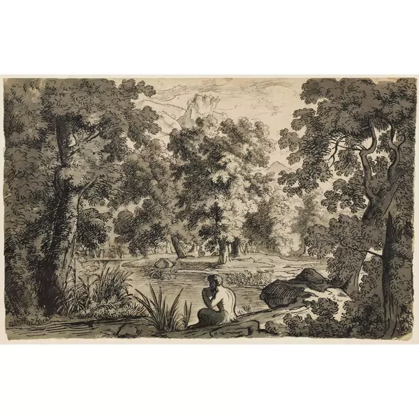 "Flötender Pan an einem Waldteich"
