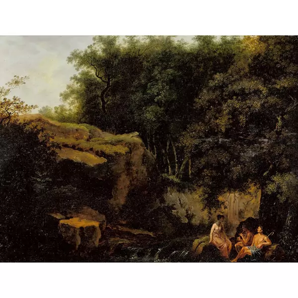 Idyllische Flusslandschaft mit drei Figuren