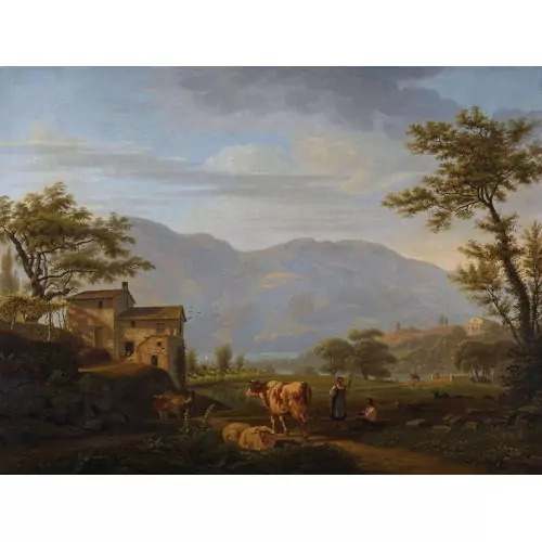Sommerliche Seelandschaft mit Hirten und Vieh
