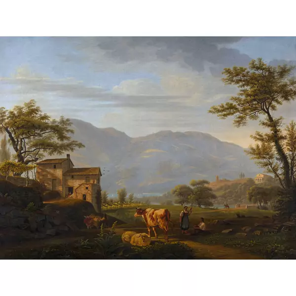 Sommerliche Seelandschaft mit Hirten und Vieh
