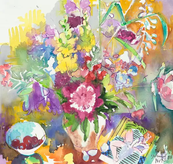Samuel Buri — Blumenstillleben mit Kirschen. 1988. — Schuler Auktionen